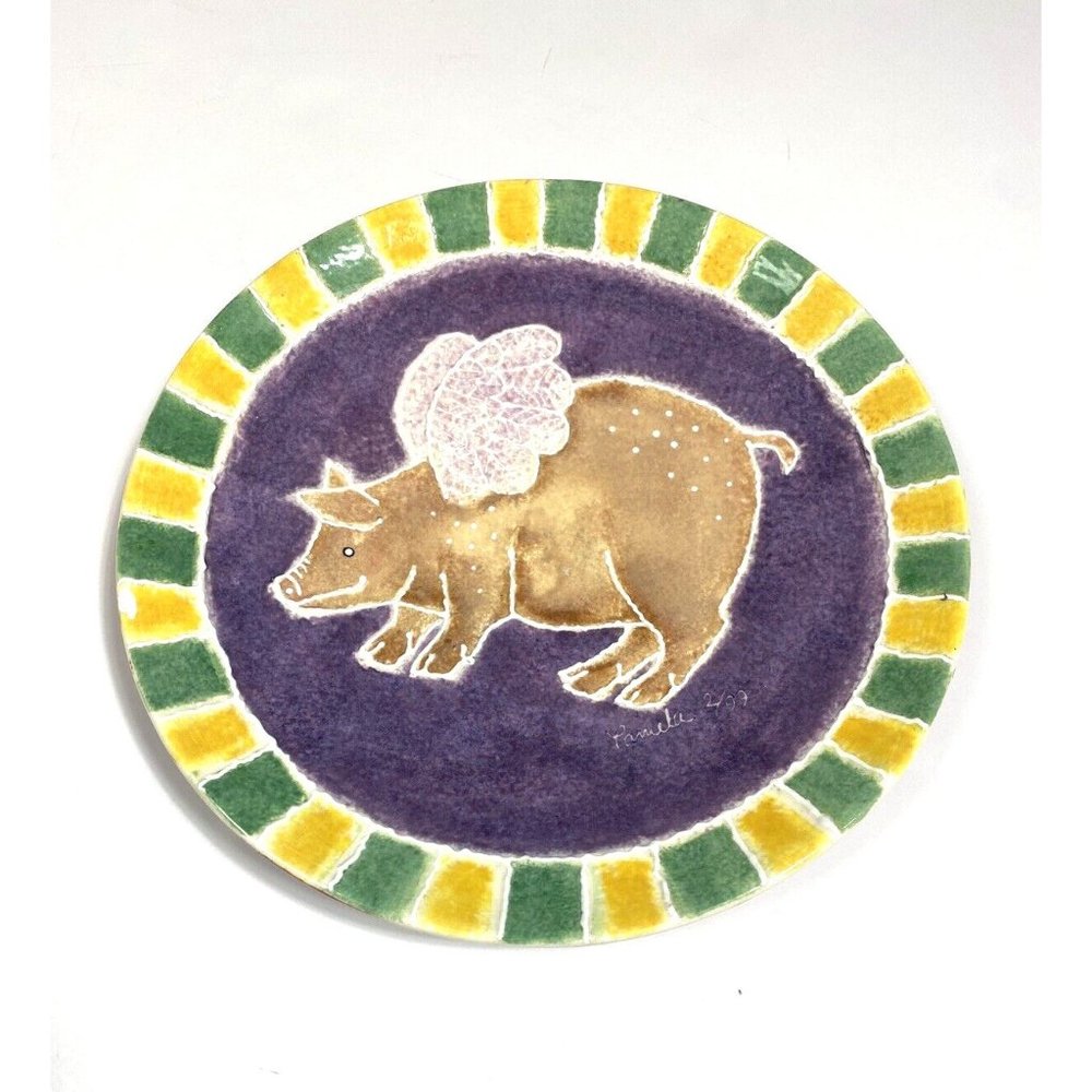Vintage 90s Pacific Grove Pottery Pamela Bee Scott Plate Platter Collab Pigs Fly